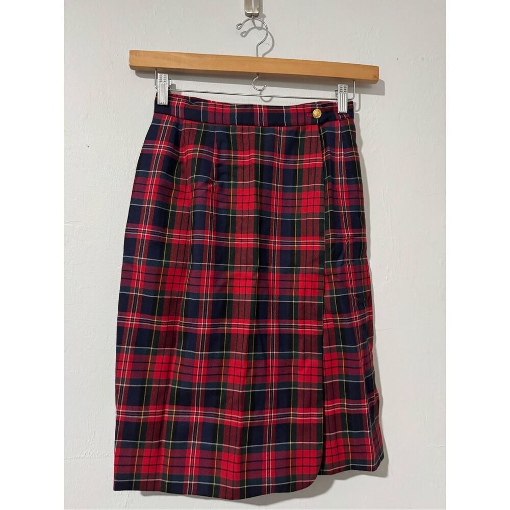 J.G Hook red plaid 100% wool wrap skirt with pockets 6